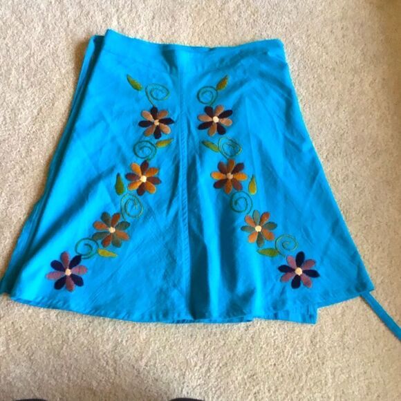 Vintage Floral Embroidered Wrap Blue Skirt - Picture 1 of 9